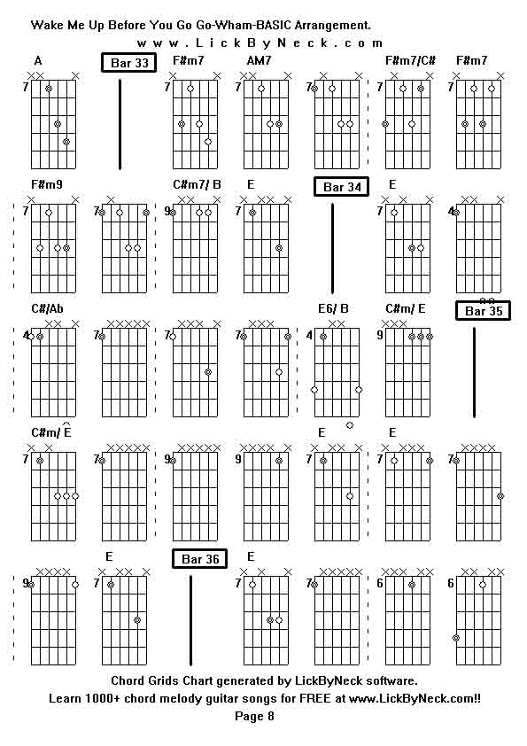 Chord Grids Chart of chord melody fingerstyle guitar song-Wake Me Up Before You Go Go-Wham-BASIC Arrangement,generated by LickByNeck software.